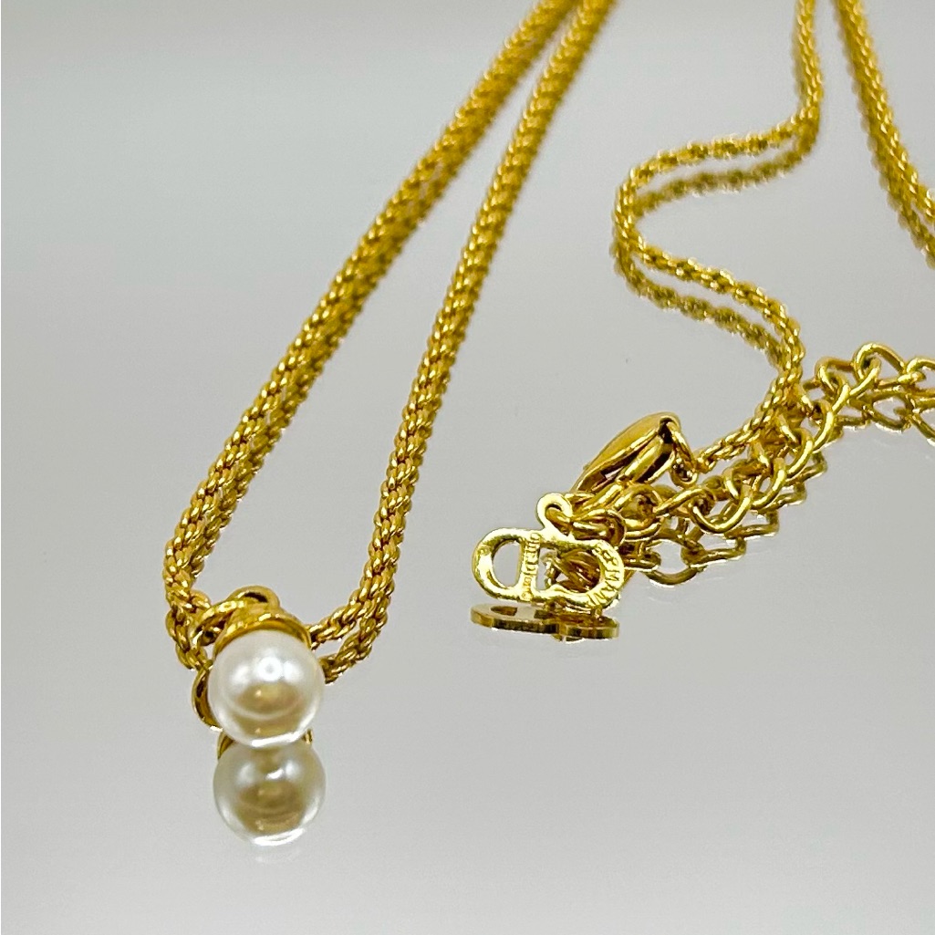 Christian Dior Gold Plated Necklace With Faux Pearl Pendant, Pouch Included